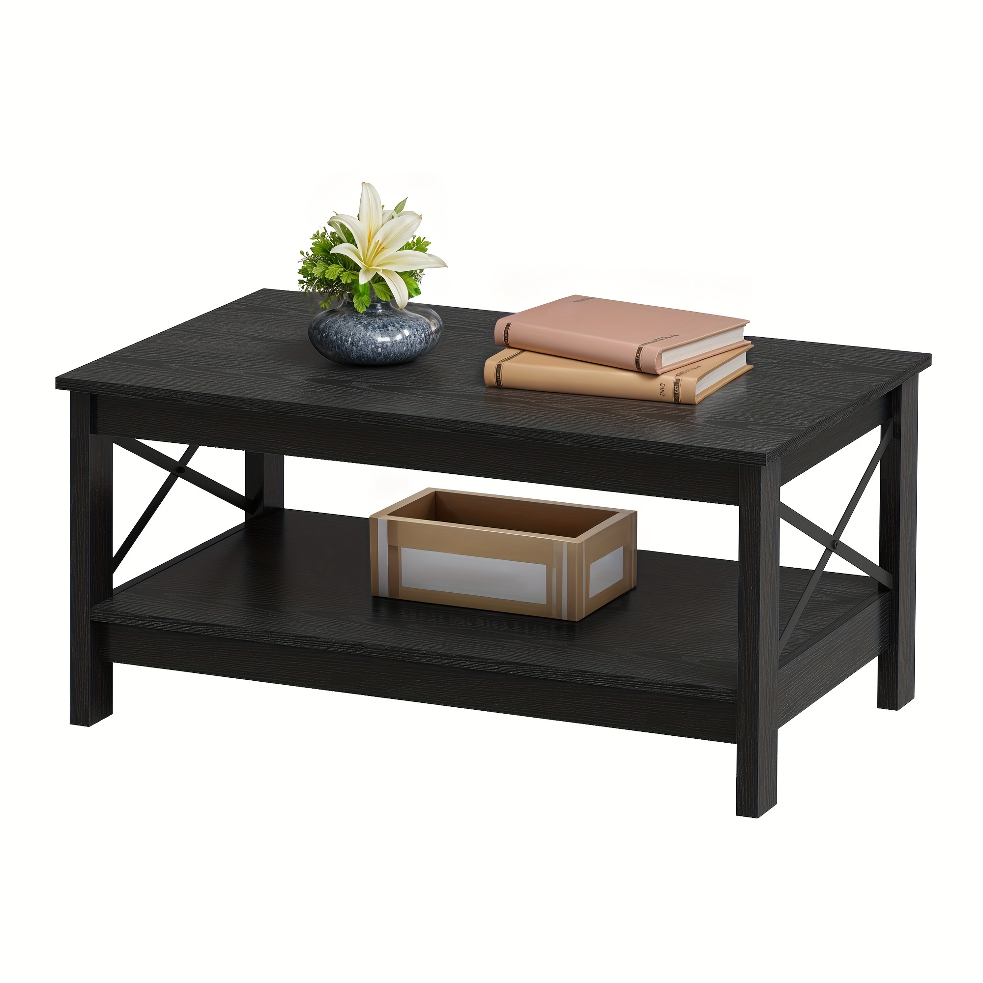 Rectangular Double-layer Thickened Wooden Coffee Table 100x55x45cm, X-shaped Golden Metal Side Bracket Stable And Durable White Suitable For Living Room