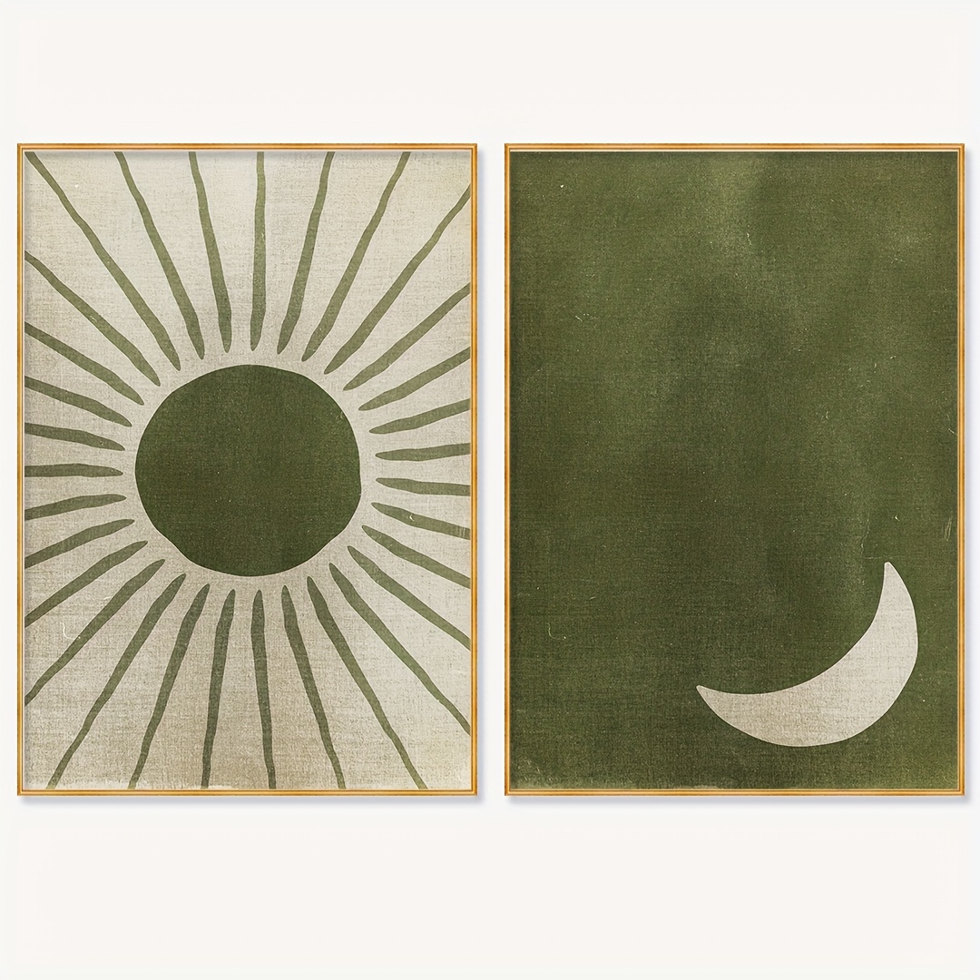 TEMU Print Painting, 2pcs Boho Sun And Moon Canvas Wall Art Set - Olive Green Abstract Prints For Living Room & Bedroom Decor, Frameless Polyester, Perfect For Room Decor,halloween Christmas Decor