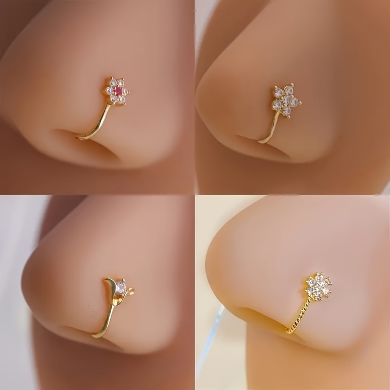 TEMU 4pcs Elegant Nose Clip Set For Women - Vintage Snowflake, Cherry & Tulip Designs With Sparkling Zirconia, Adjustable Brass U-shaped No Piercing