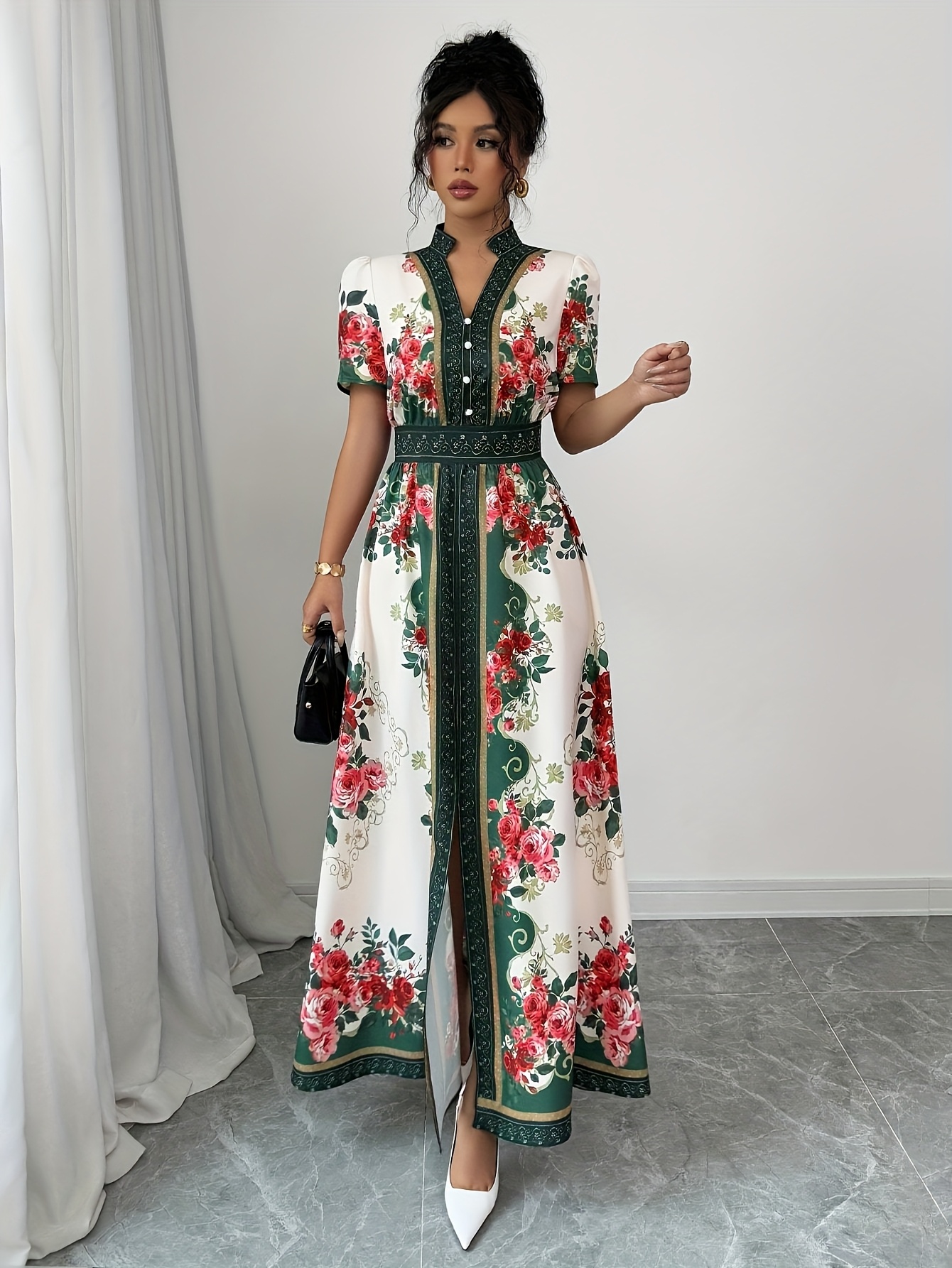 womens floral print elegant a line dress with stand up collar puff short sleeves machine washable summer long dress with side   regular fit for casual formal occasions cute dresses Product details 3