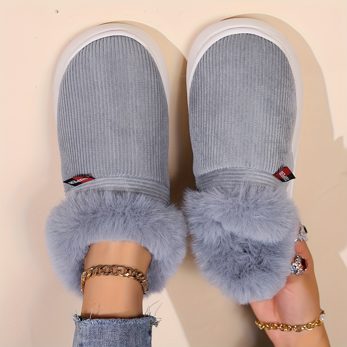 Image of New -mouth Shoes Couple Solid Color Corduroy Slippers Package Heel Home Shoes, Women Shoes