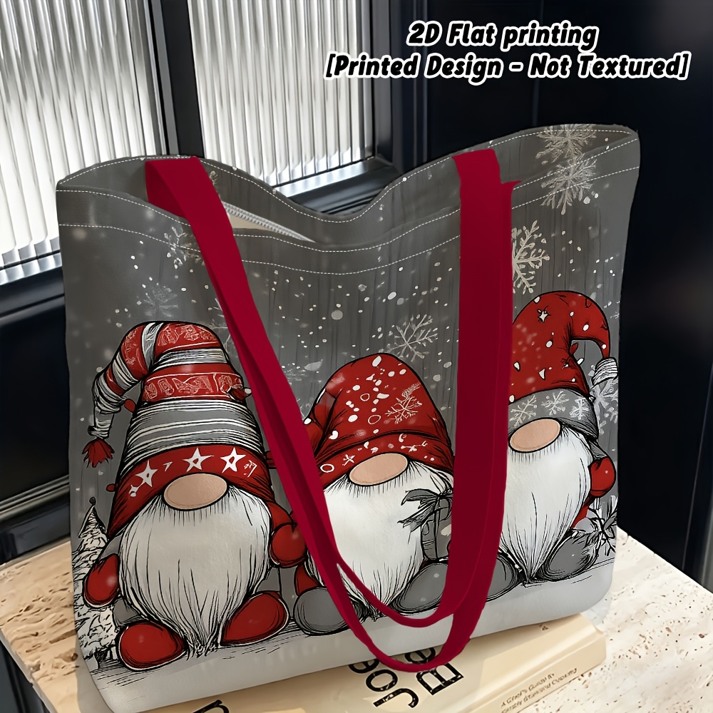 TEMU 1pc, 2d Flat Printing Women's Shoulder Bag With Snowy Christmas Gnome Pattern, Multi-functional Tote Bag, With Multiple Colors , Suitable For