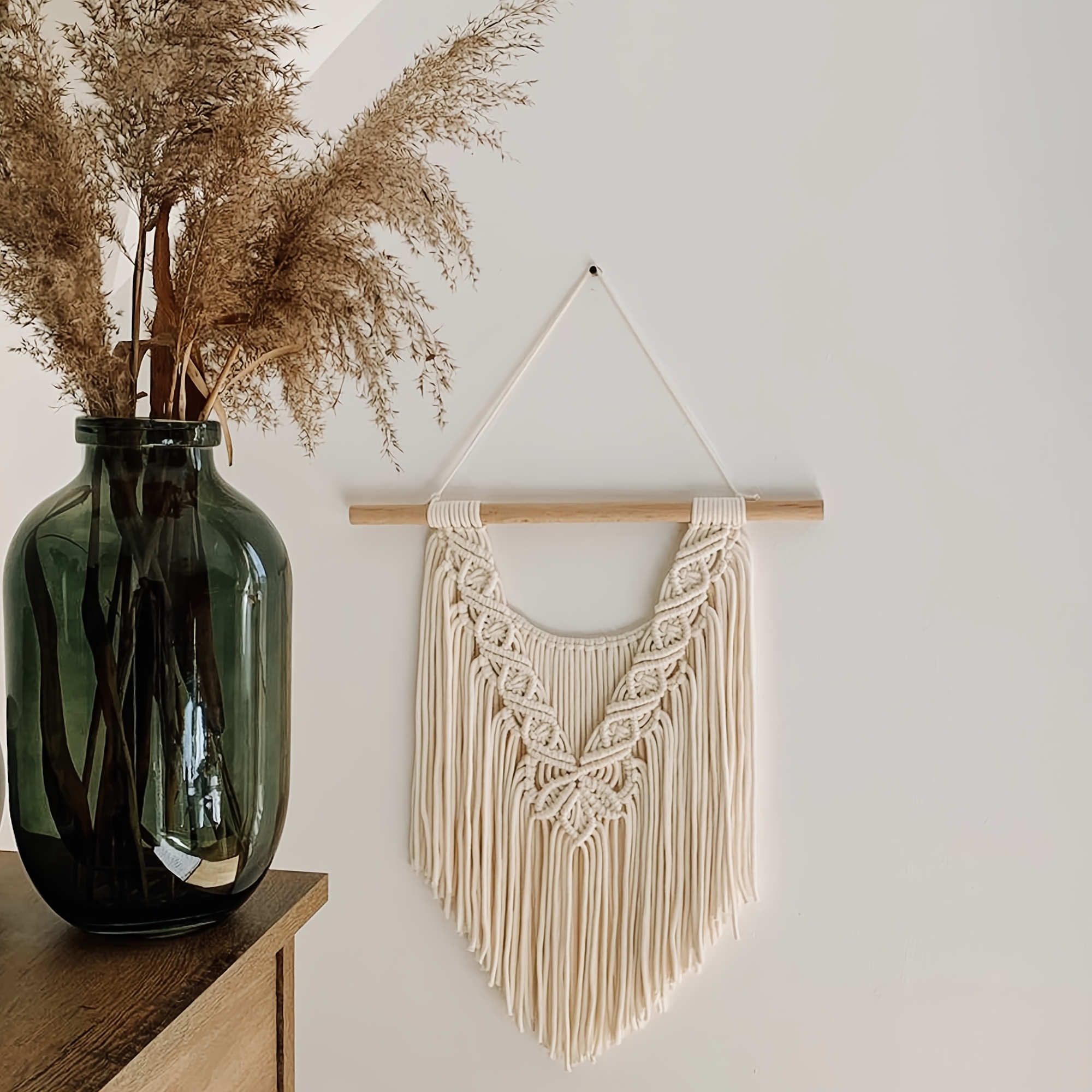 Tapiz Colgante Bohemio Con Borlas Y Cuentas De Madera – Decoración De Pared 90x20 Cm Para Salón Y Dormitorio