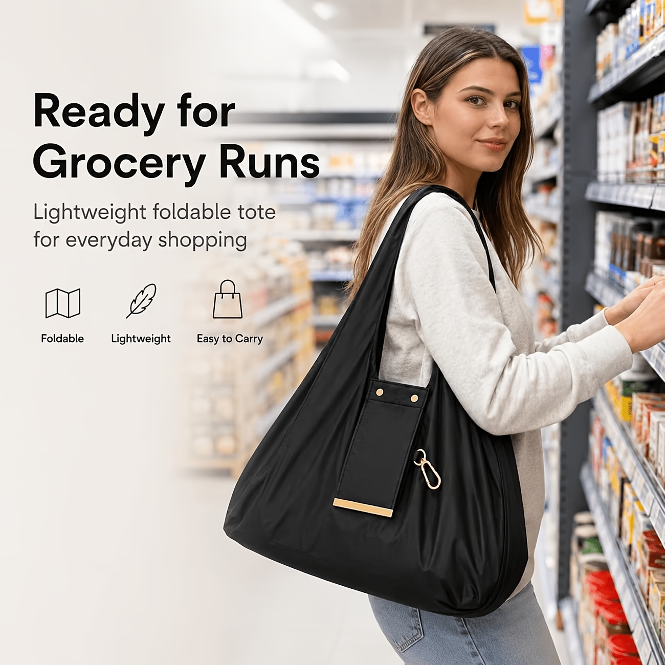 Image of 1pc Foldable Large-capacity Women's Tote Bag, Lightweight Single-shoulder Handbag, Multi-scene Hanging Shopping Bag, Mini Keychain Tote Bag For Commuting, Work, Travel, And Casual