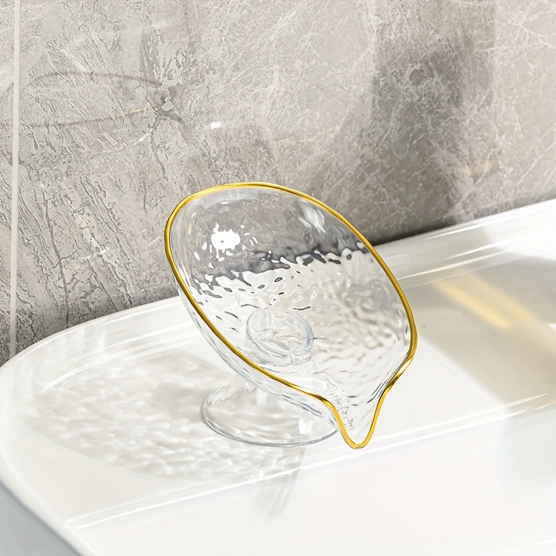 TEMU 13.5cm X 8cm X 9cm Light Luxury Golden- Transparent Soap Dish, Texture Design, Slanted Drainage Structure, Quick Drying And Non-pooling,