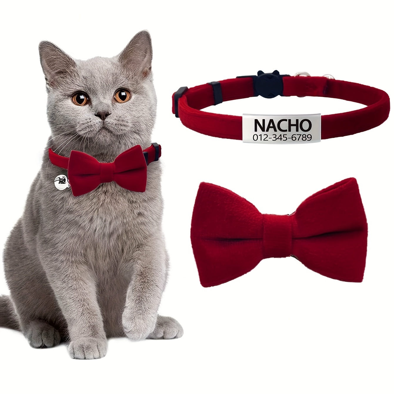 

Custom Engraved Velvet Cat Collar With Detachable Bow Tie & Bell - Personalized Pet Id Tag For Small To Medium Cats