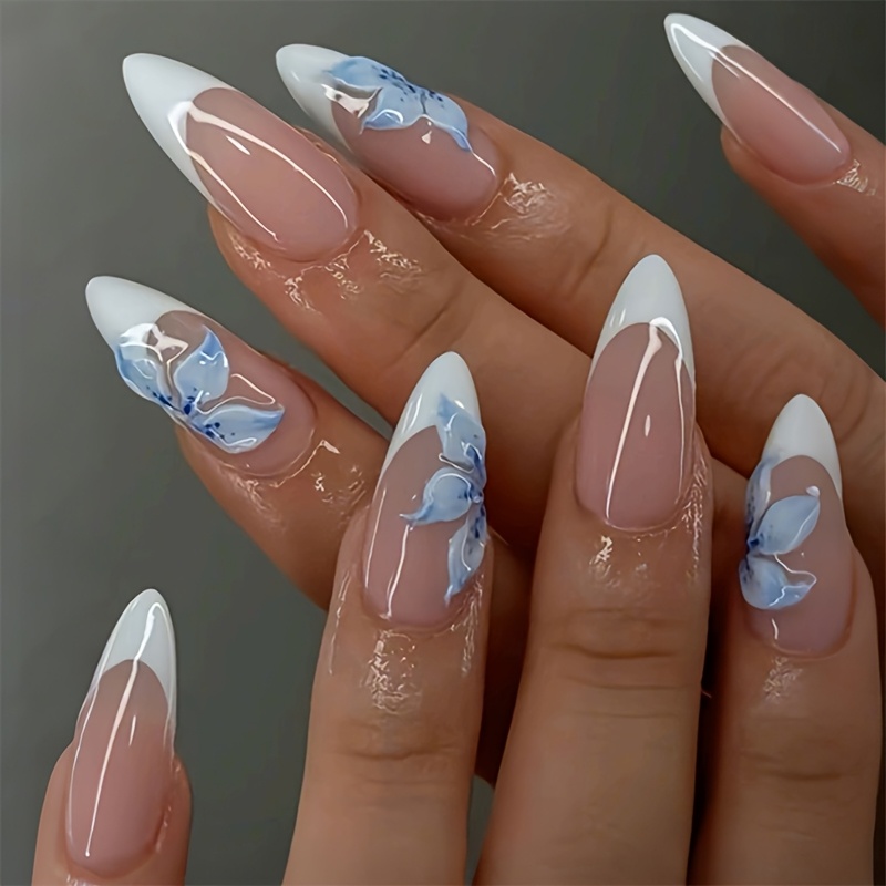 24pcs Almond- Flower Minimalist 3d Printed False Nails