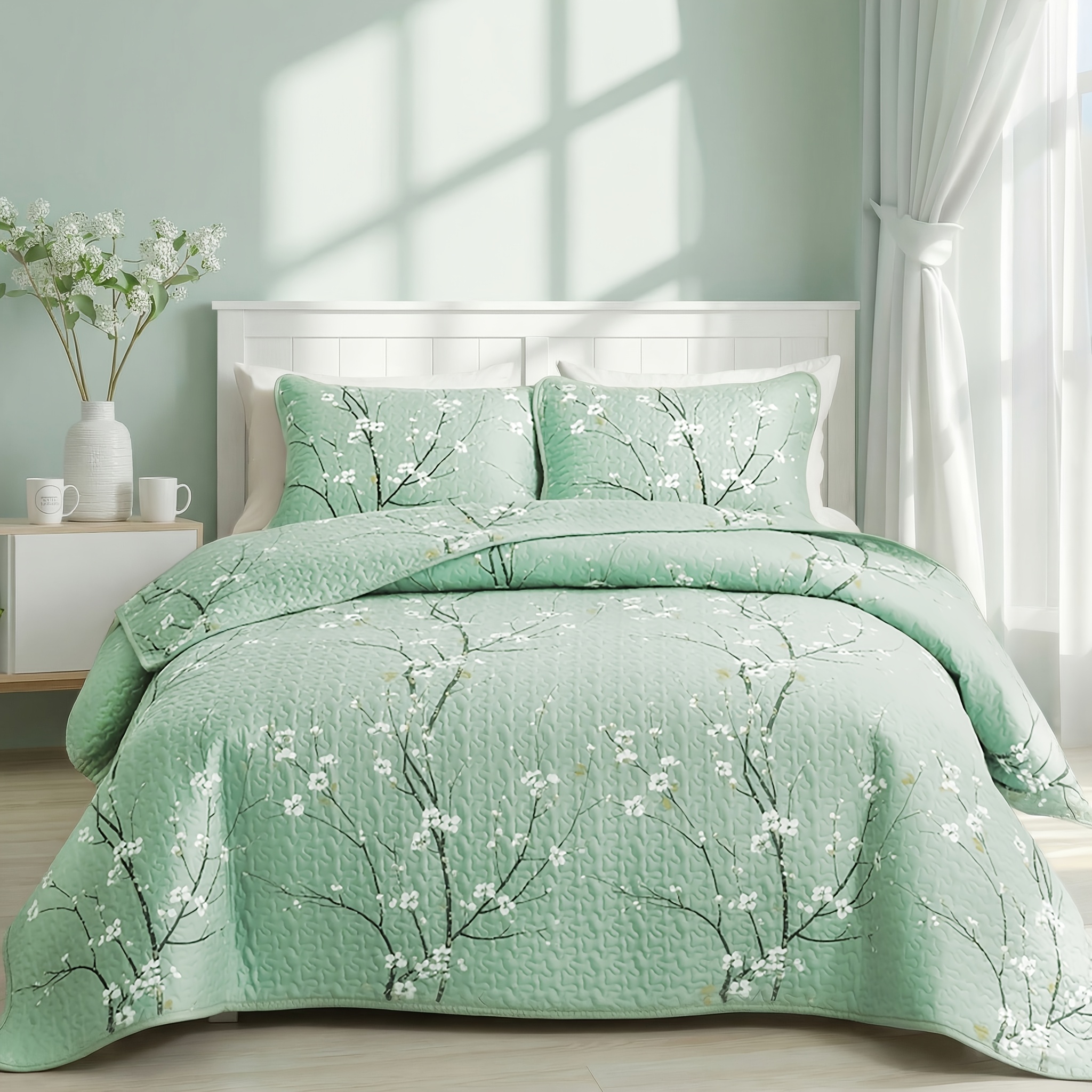 TEMU 2/3pcs Mint Quilt Set, Soft Lightweight Floral Coverlet Bedding, 1pc Quilted Quilt + 1/2pcs Pillowcase Breathable All Season Bedspread With