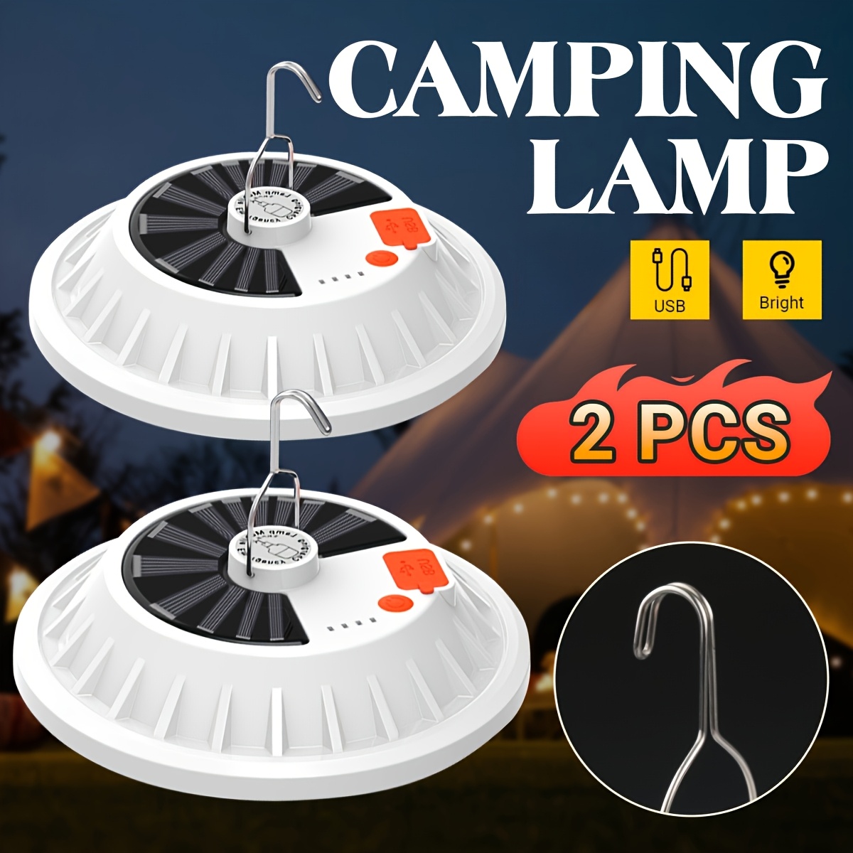 TEMU 2 Pack 120led Solar Camping Lantern With Remote Control, High Rechargeable Tent Lamp Hanging Hook For Hiking, Camping, Outage, Hurricane, Emergency (built-in 3pcs 18650 Battery)