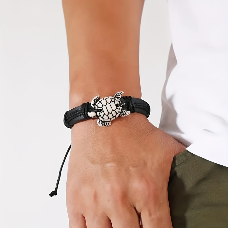 

Trendy Men's Synthetic Leather Bracelet With Sea Turtle Design, Hand-woven, Black, Turtle Jewelry