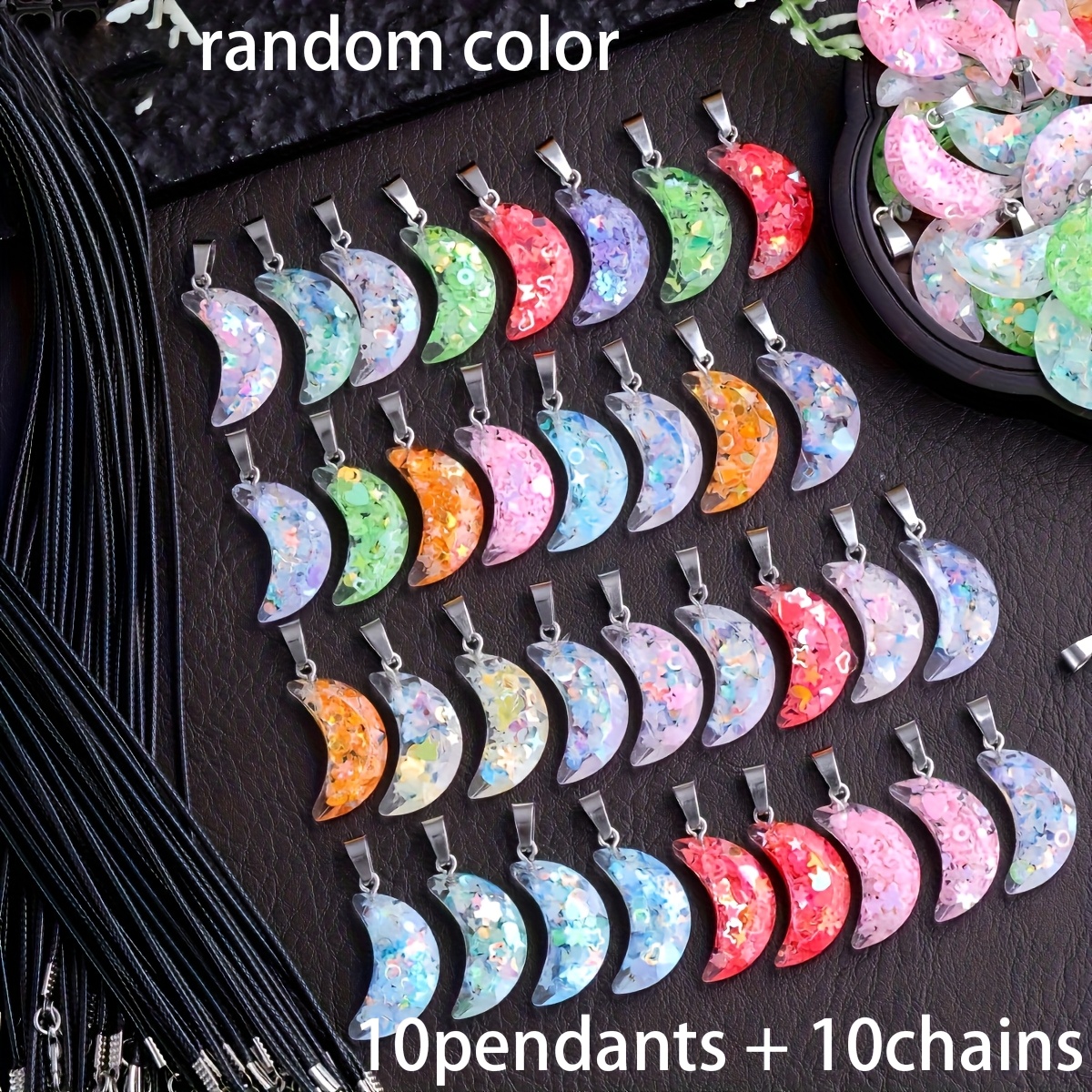 TEMU 10pcs Random Color Crescent Pendant And Black Pu Cord Set, Moon Pendant Jewelry Craft, Necklace And Jewelry Additions, Multifunctional Jewelry