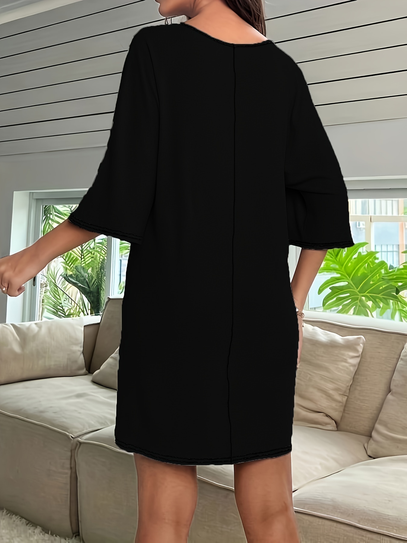 Women's Plus Basic Lounge Dress, Plus Size Solid Half Sleeve V Neck Loose Fit Sleep Dress