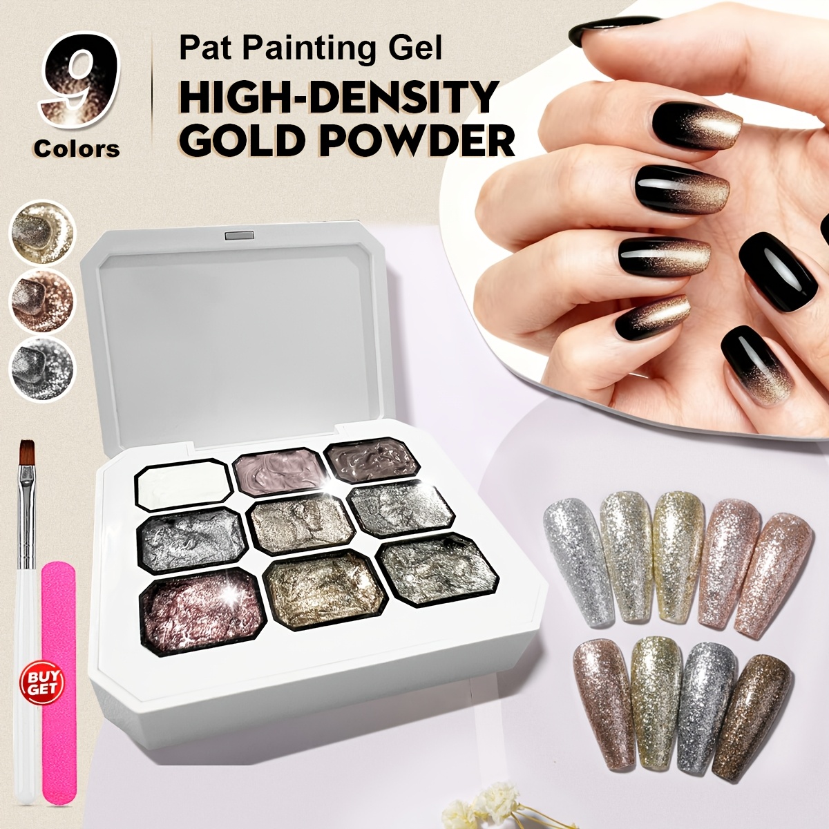 Image of 9 Colors Solid Pat Painting Gel Set, Gradient Nail Art Gel, High Shiny Metallic Nail Polish, Multifunctional No Wipe Manicure Palette With Brush & File, Salon Nail Art Supplies For Women