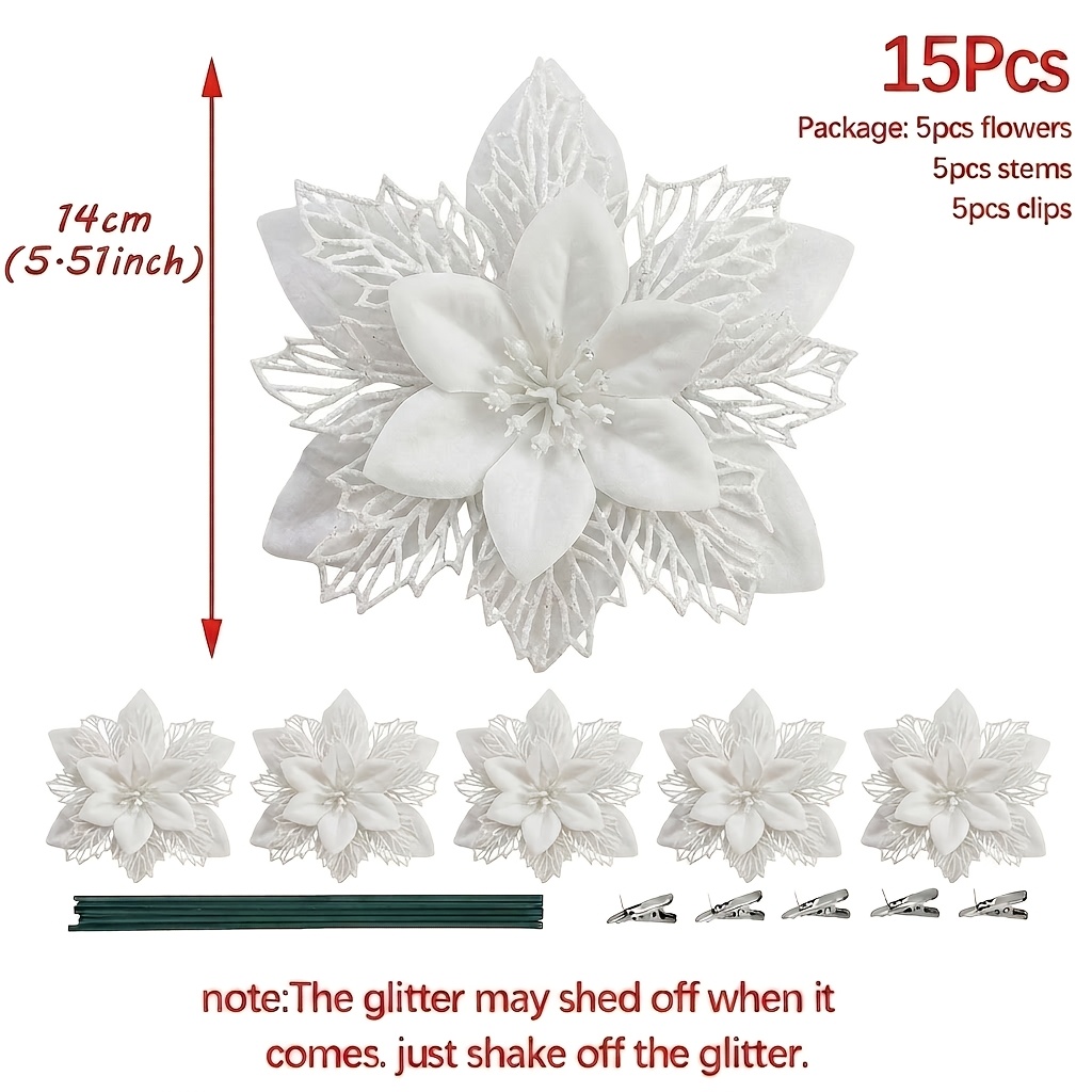 TEMU 15pcs Set, Christmas Artificial Flowers, 5.51 X 5.51 Inches, 5 Shiny Flowers, With 5 Clips And 5 Stems, Merry Christmas Decorations, Christmas