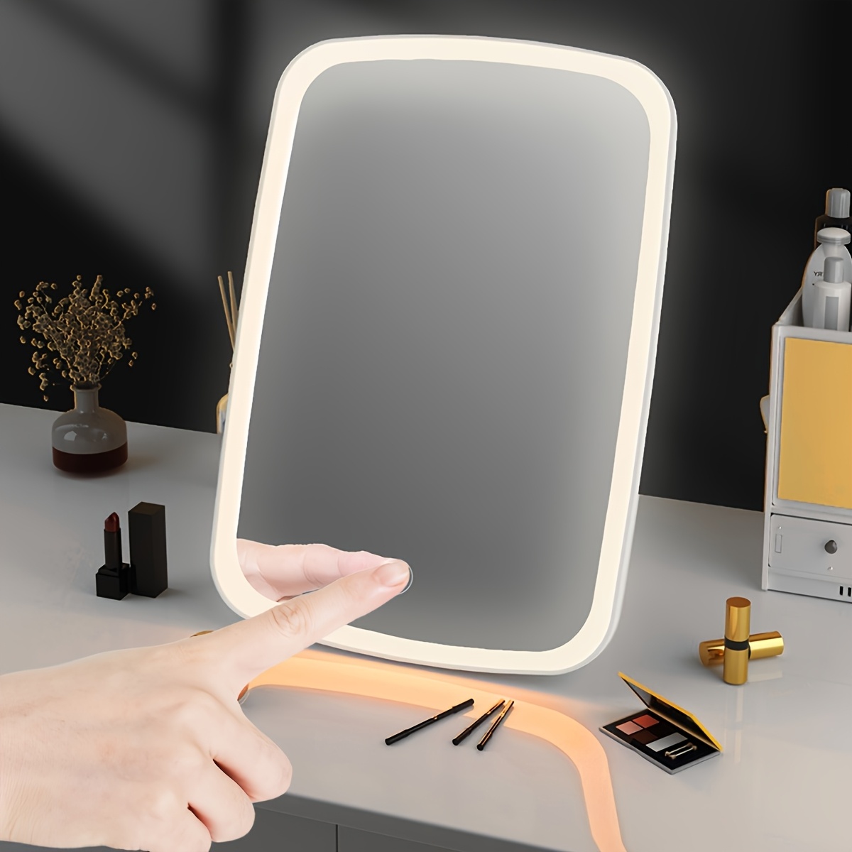 portable led makeup mirror with touch control 3 adjustable lighting     ideal for travel     battery operated mirror portable Product details 0
