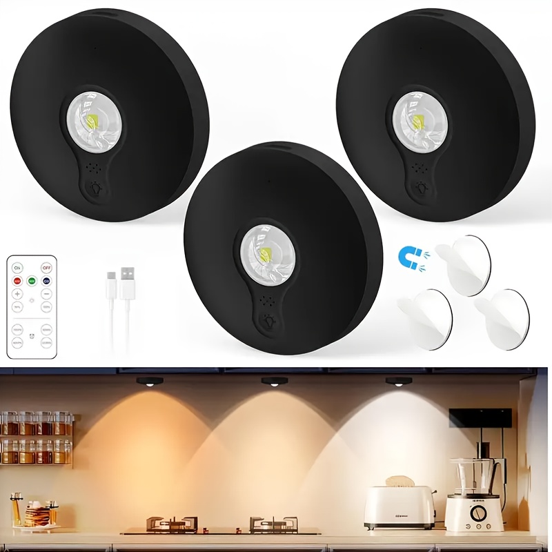 E-shop 3er/6er LED-Lichtsätze, ultradünn (2 cm/0,7 Zoll), Fernbedienung, drei Farben einstellbar, dimmbar, mit Linsen, wiederaufladbar, magnetische