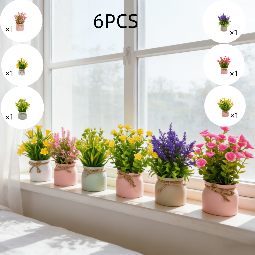 Image of 2/4/6pcs High-quality Artificial Flowers In Small Pots, Suitable For Living Rooms, Bedrooms, , , Bookshelves, And Home Decor, Easy To And Requires No Watering