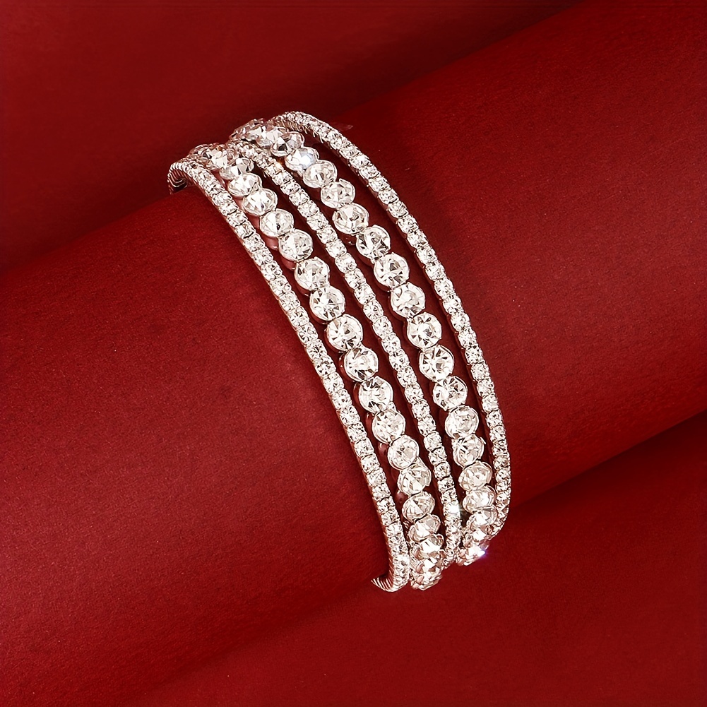 

Triple Row Rhinestone Stretch Bracelet, Open-ended Sparkling Bangle, Ethnic Style, Fashion Jewelry For Daily And Versatile Wear