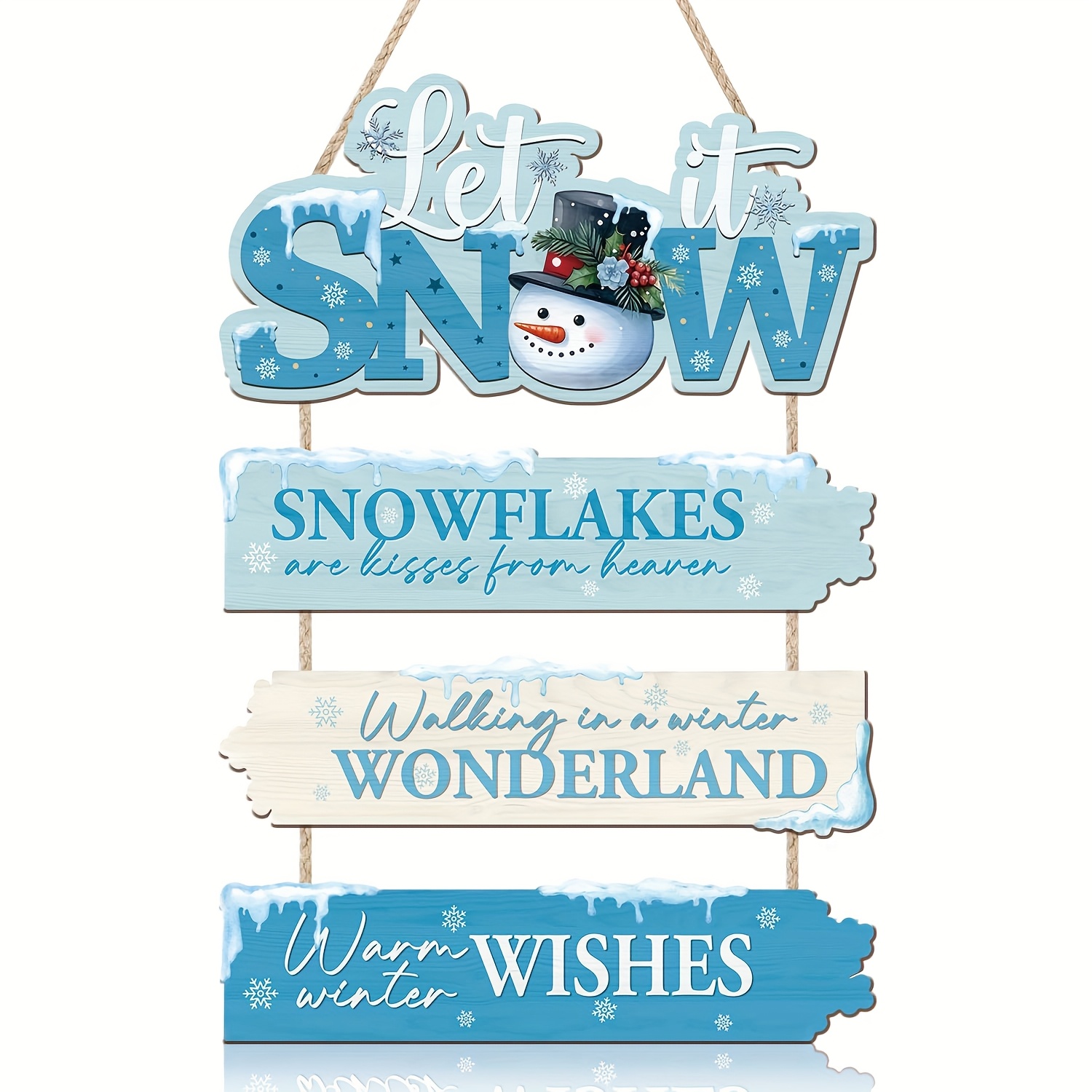 TEMU Lot de 4 panneaux en bois de Noël « Snow », plaque à suspendre de neige bleu de Noël, décoration en bois Joyeux Pays des Merveilles , panneau