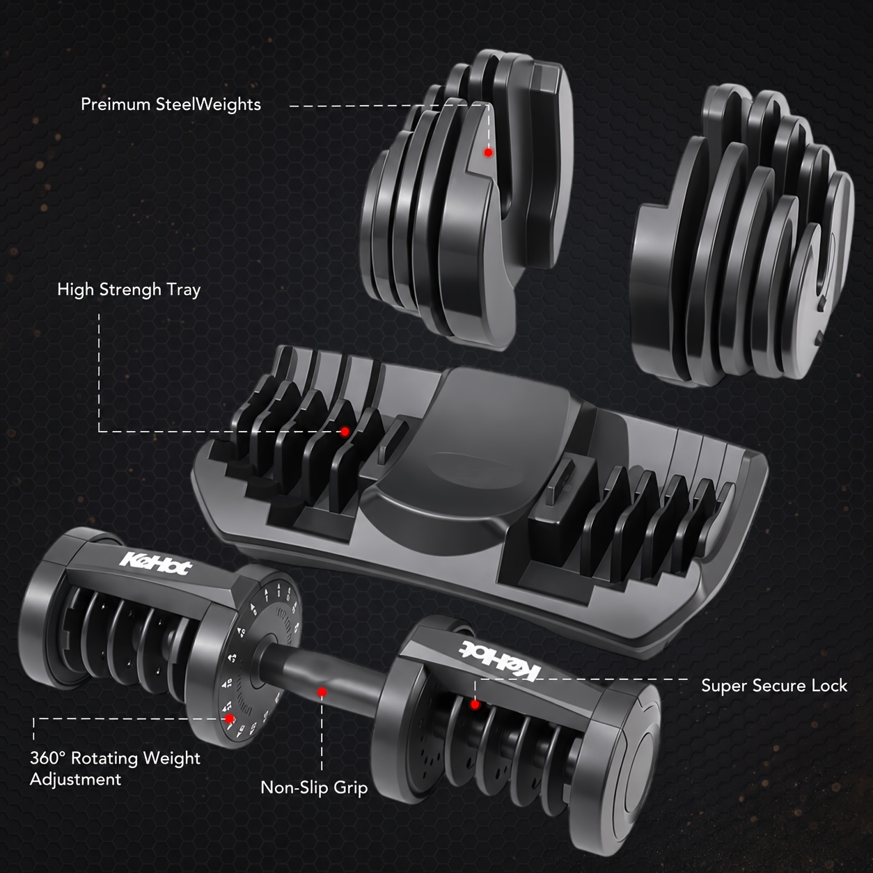 Home Gym Adjustable Dumbbell 40kg, 17 Step Weight System With Fast Selector, Single Dumbbell With Storage Base, Strength Training Equipment For Full Body Workout, Black