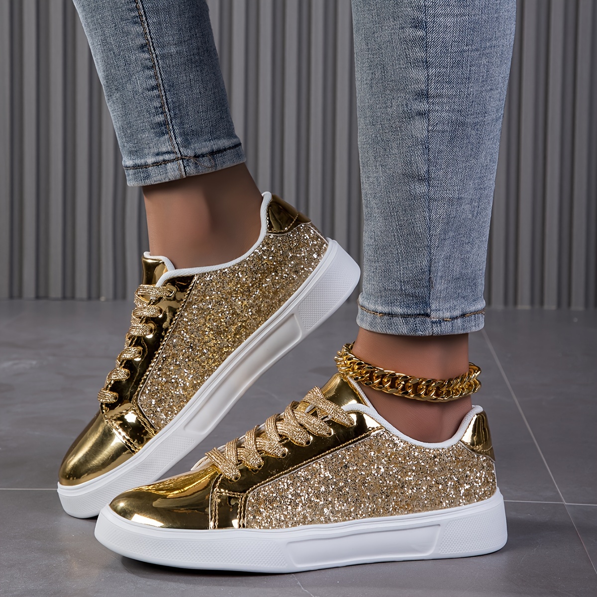 Zapatillas brillantes para mujeres, zapatos de encaje con lentejuelas  brillantes, calzado casual y