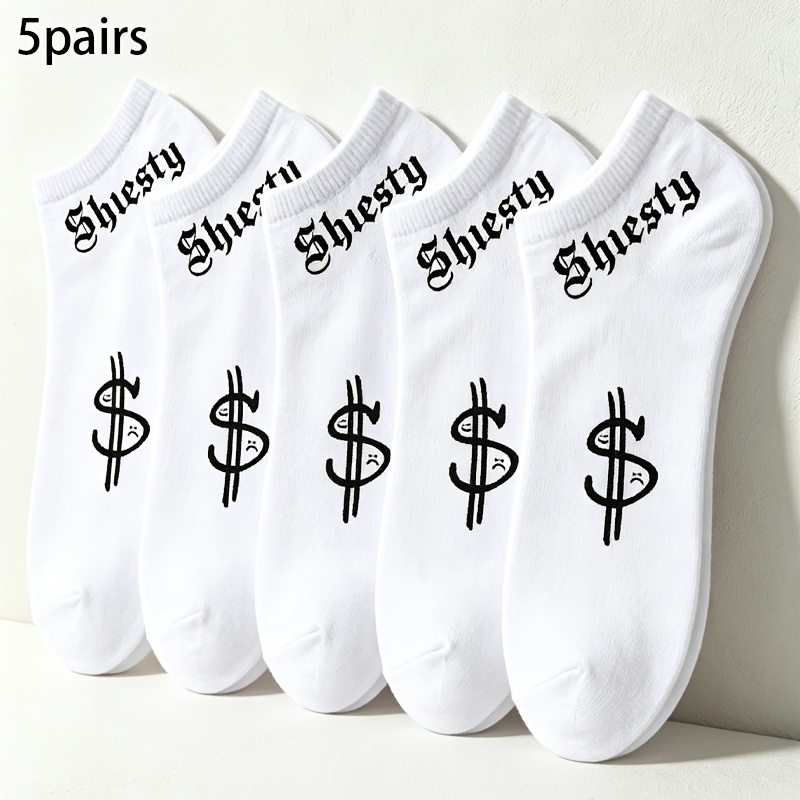 TEMU 5/10/15 Pairs Men's Trendy Cool Dollar Letter Print Short Socks, Individual Street Style Outfit Item, Unisex Versatile Socks