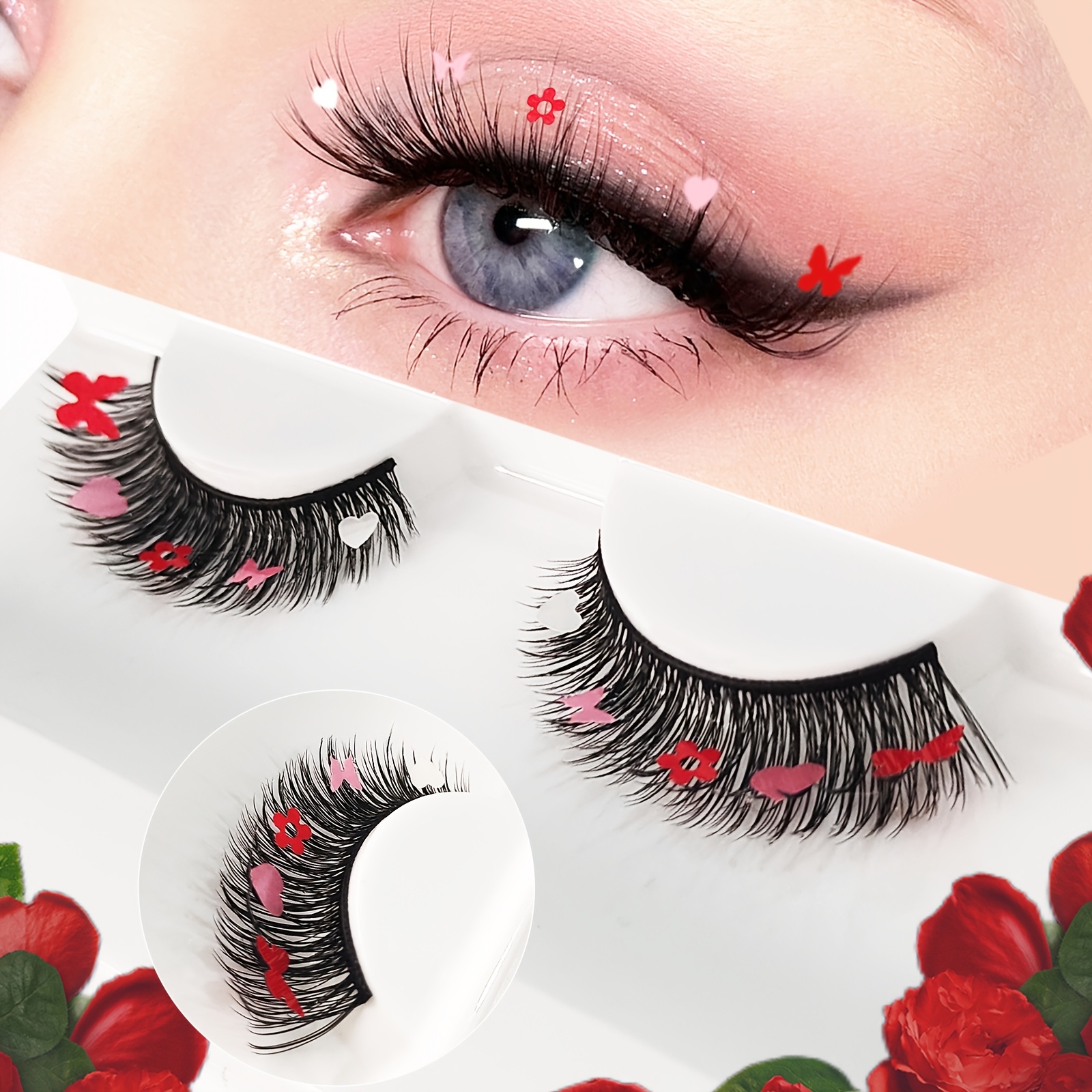 

1 Pair Valentine's Day False Eyelashes, , Soft & Reusable, C , Mixed Length 10-15mm, Fluffy With Glitter Accents For Beginners