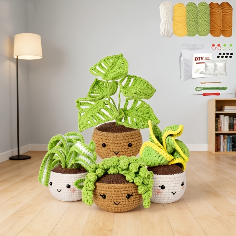 TEMU 4pcs Complete Crochet Starter Kit With Video Tutorials For Beginners - -in- Hook & Fabric Yarn For Hanging Plants & Macramé - Diy Crafting For