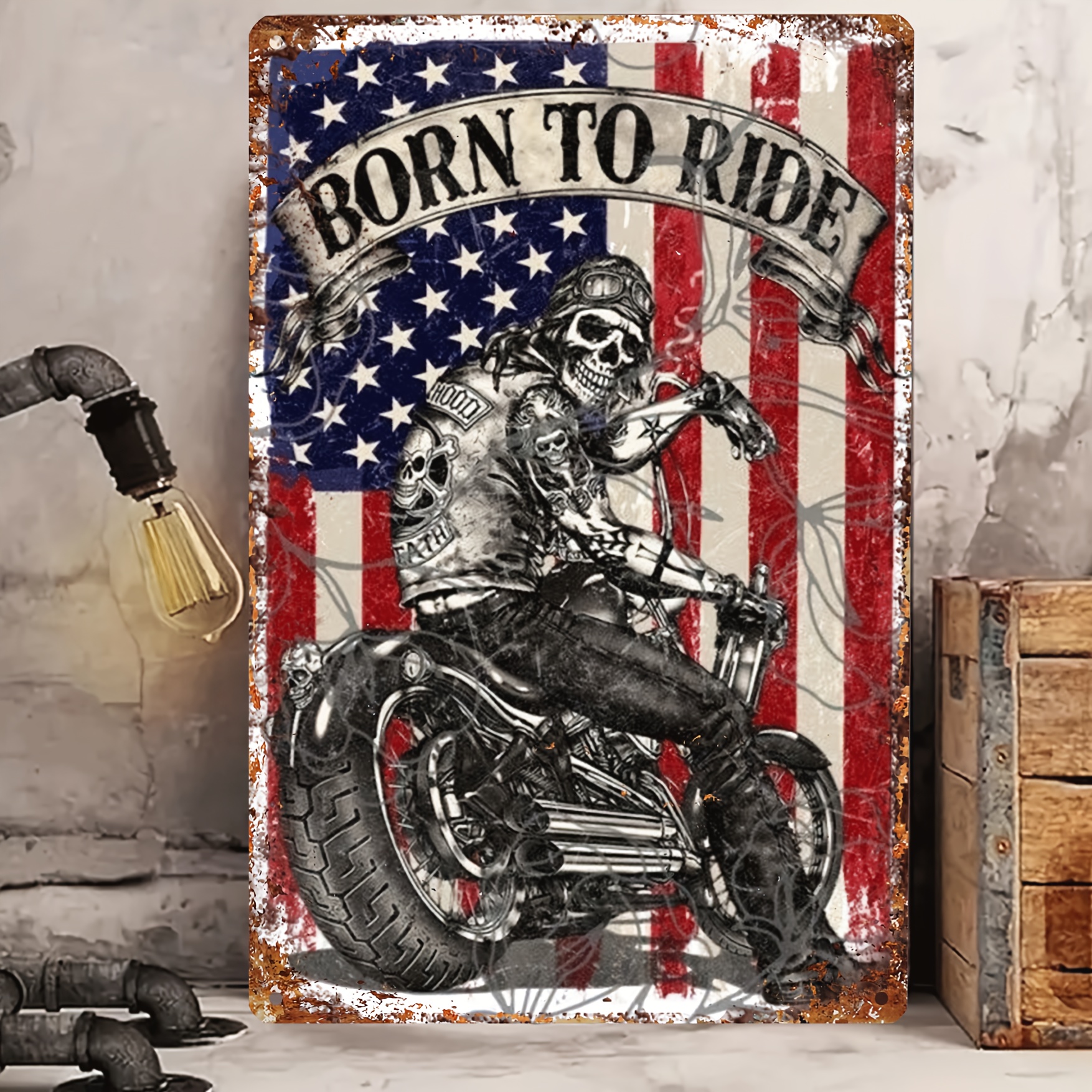 Image of A Vintage '' Motorcycle Heat Transfer Sign - 8" X 12" Metal For Home, Bar, Garage Wall Decor - Art, Perfect For Christmas Gifts And Cottage Decoration