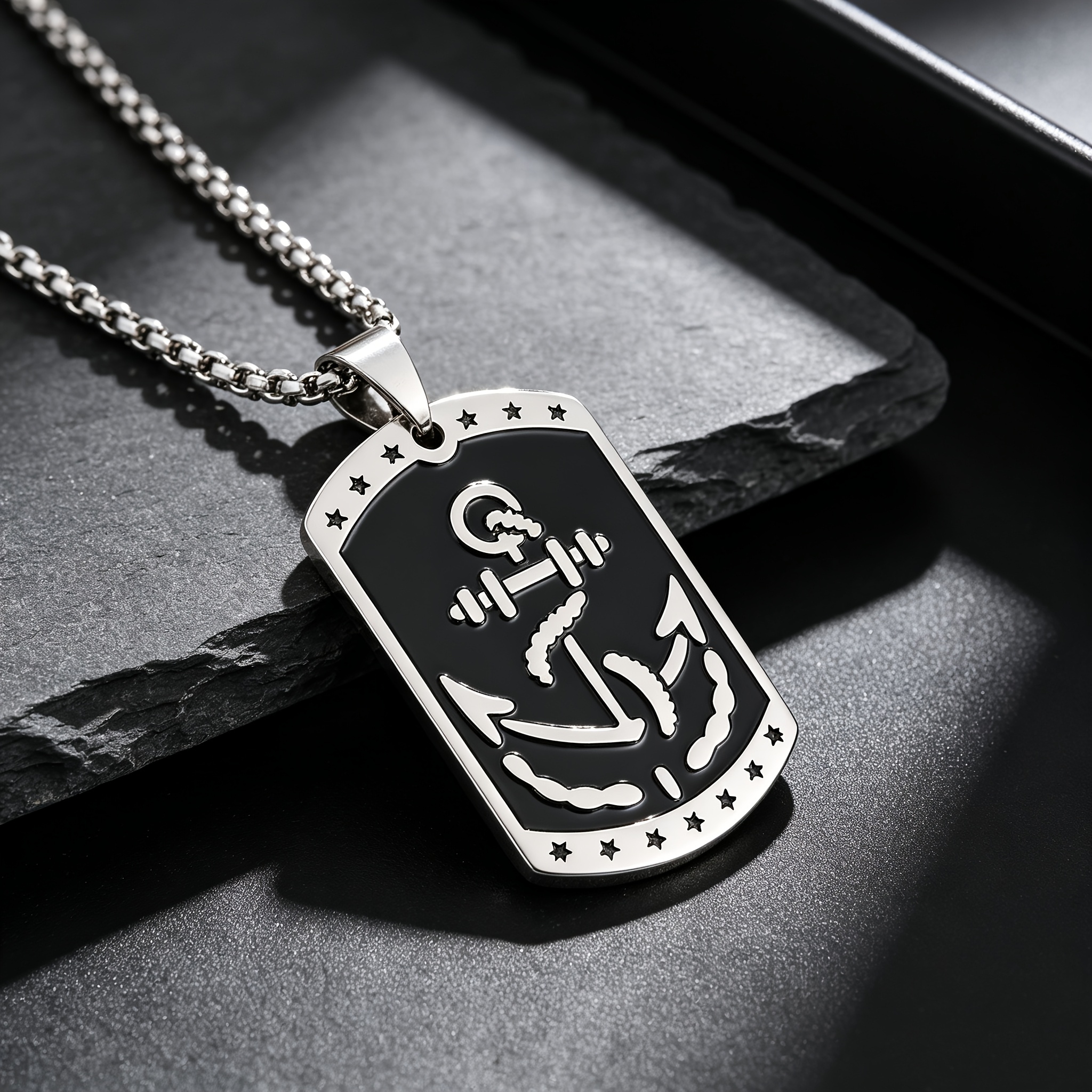 Classic Square Pendant Necklace, Anchor Pattern