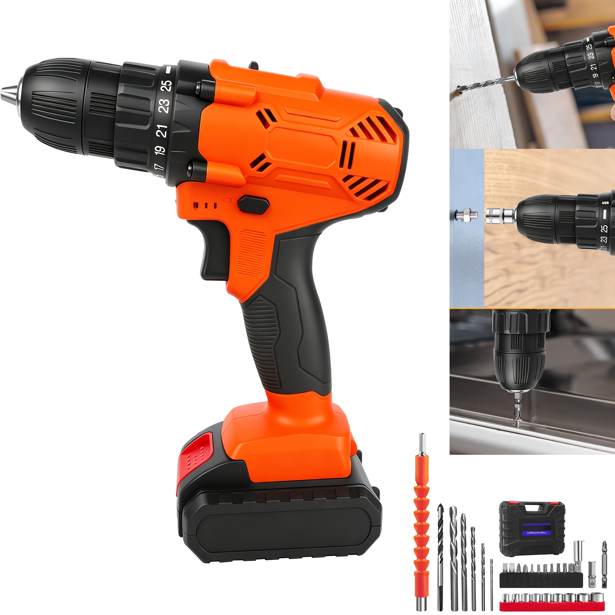Image of Power Drill Driver With 1.5ah Battery, Hammer Drill With Torque 45nm, 25+1 Position, 2 Variable Speed, 3/8'' Keyless , Fast Charger And 29pcs Accessories