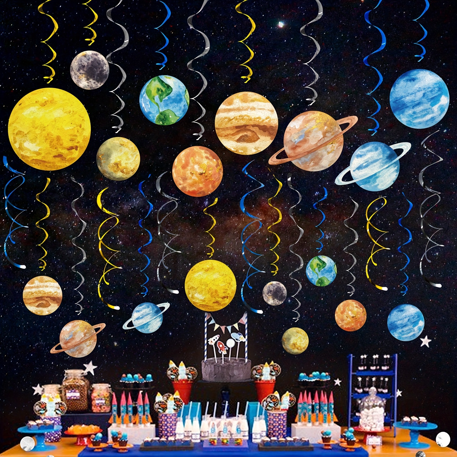 

30pcs Planet Spiral Hanging Ornaments, Outer Space Party Theme Decoration Supplies, Ceiling Hanging Holiday Birthday Party Arrangement Decoration
