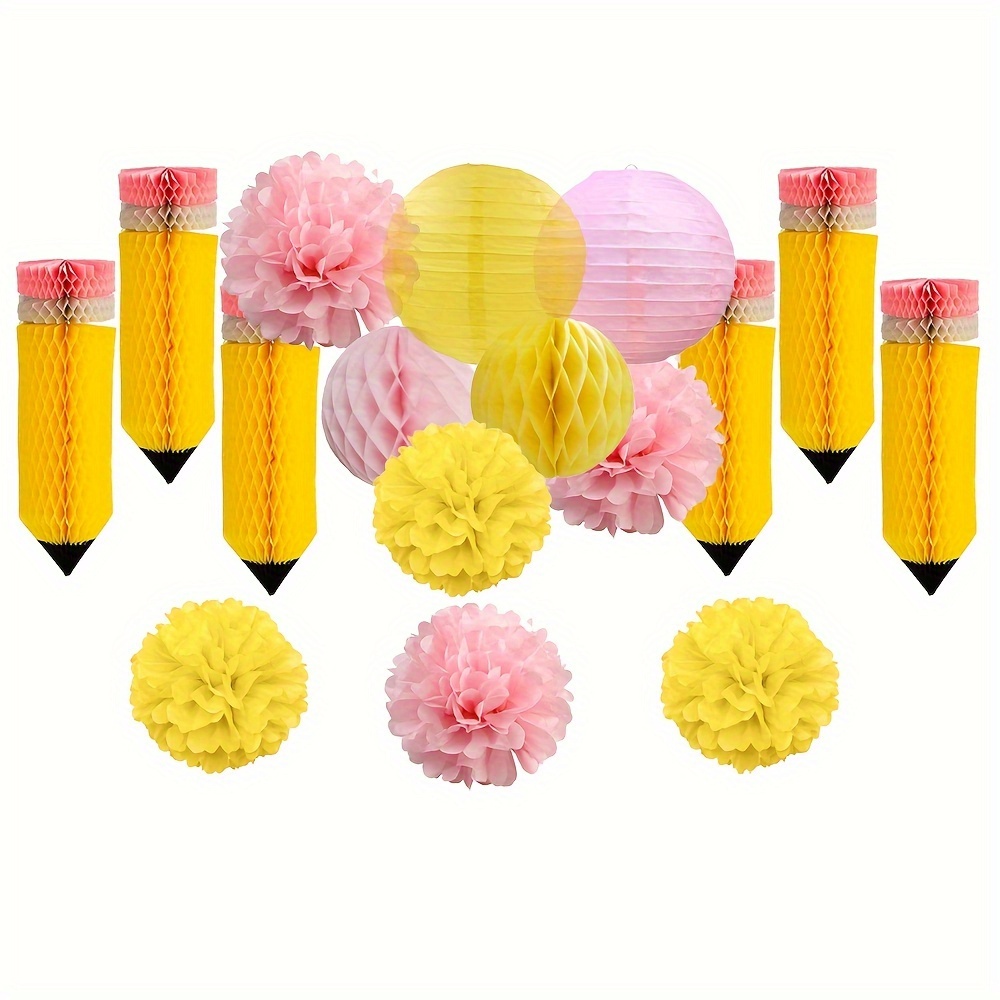 Image of Back To School Party Paper Pompoms And Honeycomb Balls | Yellow And Pink Paper Lanterns, Birthday And Classroom Decorations, No Required