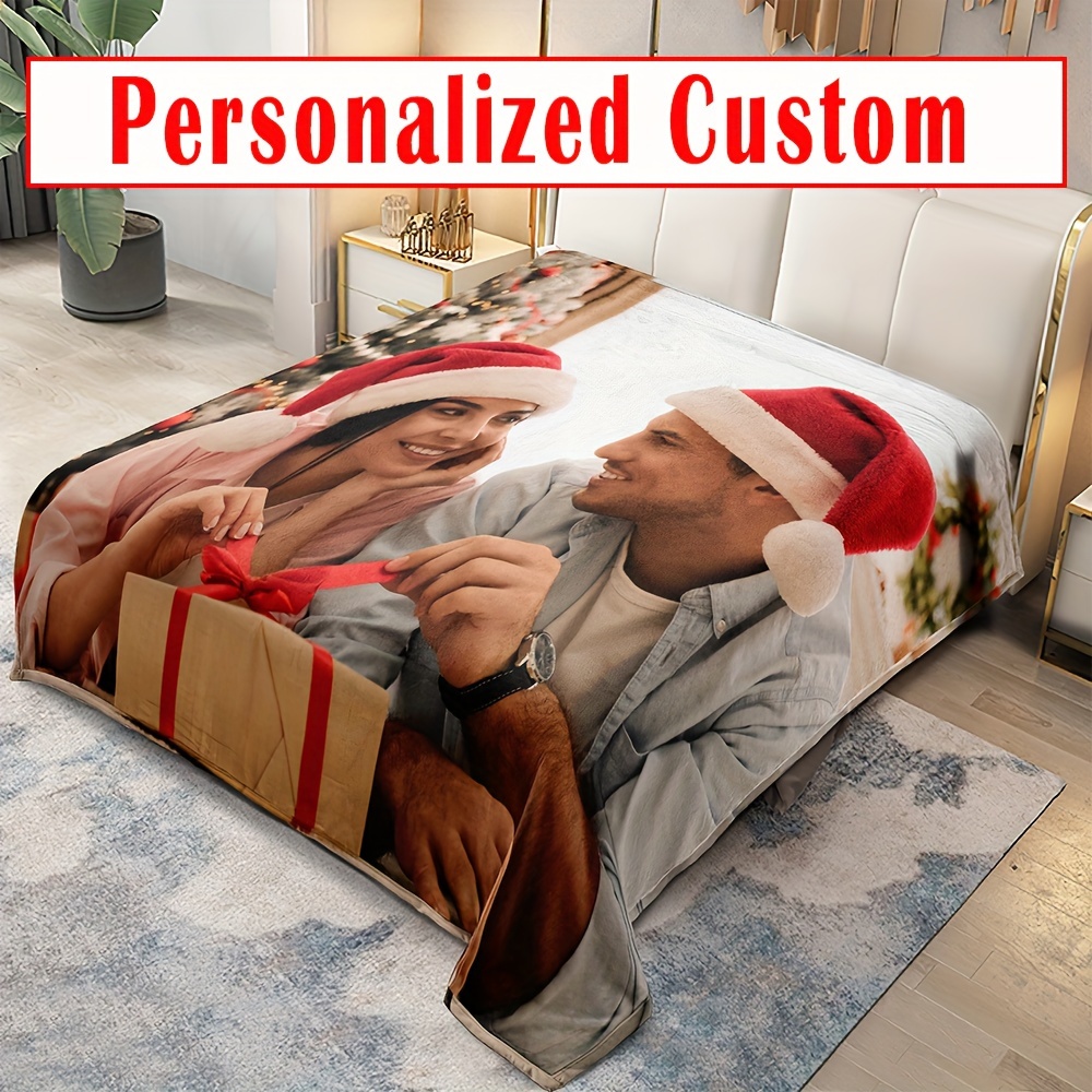 

Custom Personalized Flannel Bed Blanket With Photo & Text - Reversible Microfiber Throw, Machine Washable, , Ideal For Christmas, , Birthdays & Weddings - 1pc