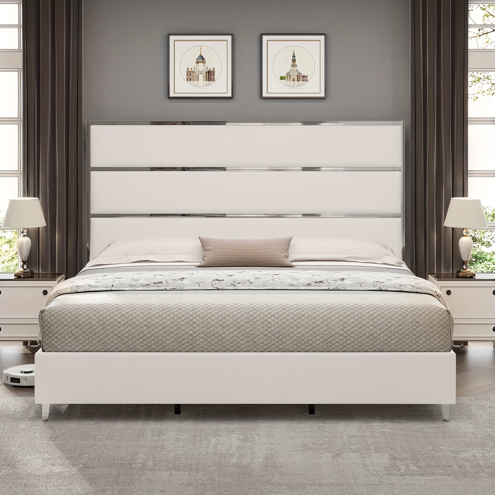 

Upholstered Bed Frame With 59" Tall Headboard, Velvet Platform Bed With Silver Mirrored Trim/no Box Spring Needed