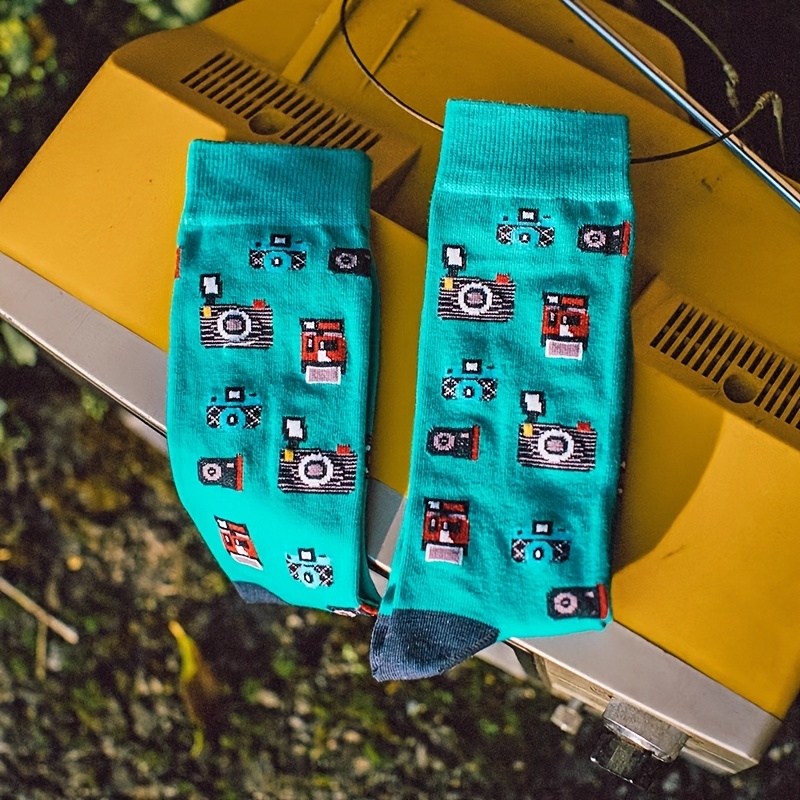 Image of 1 Pair European And Teal Blue Colorful Camera Photographer Photography Enthusiast Gift Fashion Unisex Bright Jacquard Socks