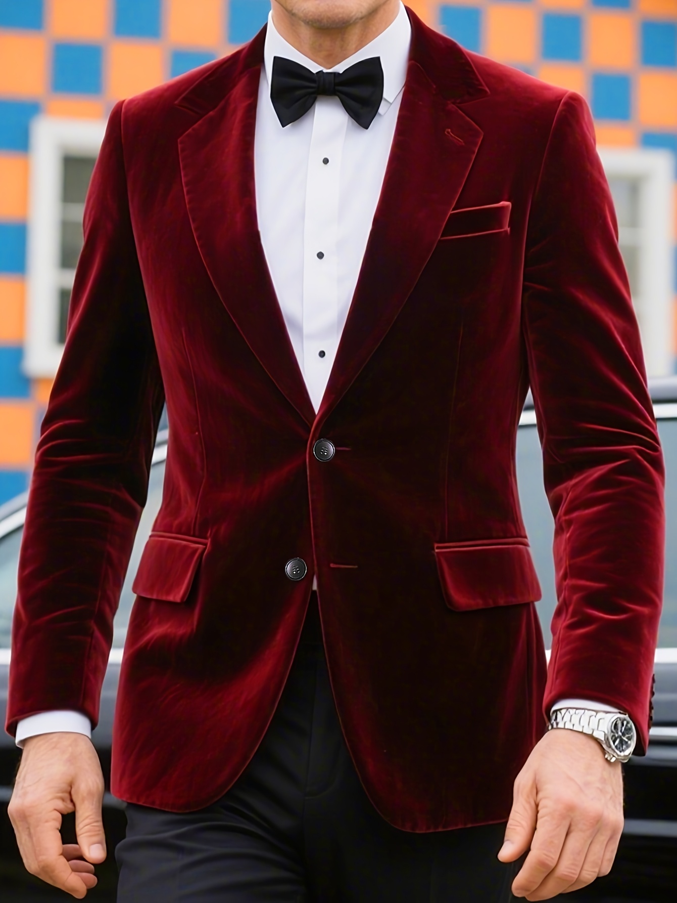mens red velvet suit jacket elegant long sleeve lapel collar solid color   versatile for formal casual occasions