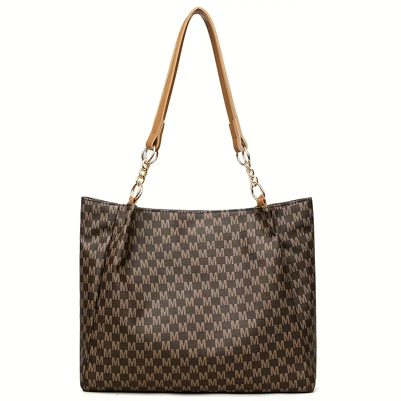 womens vintage tote bag lightweight large capacity convertible shoulder bag clutch synthetic leather with zipper closure hardware decorative m emblem for daily shopping brown white black travel bag details 11
