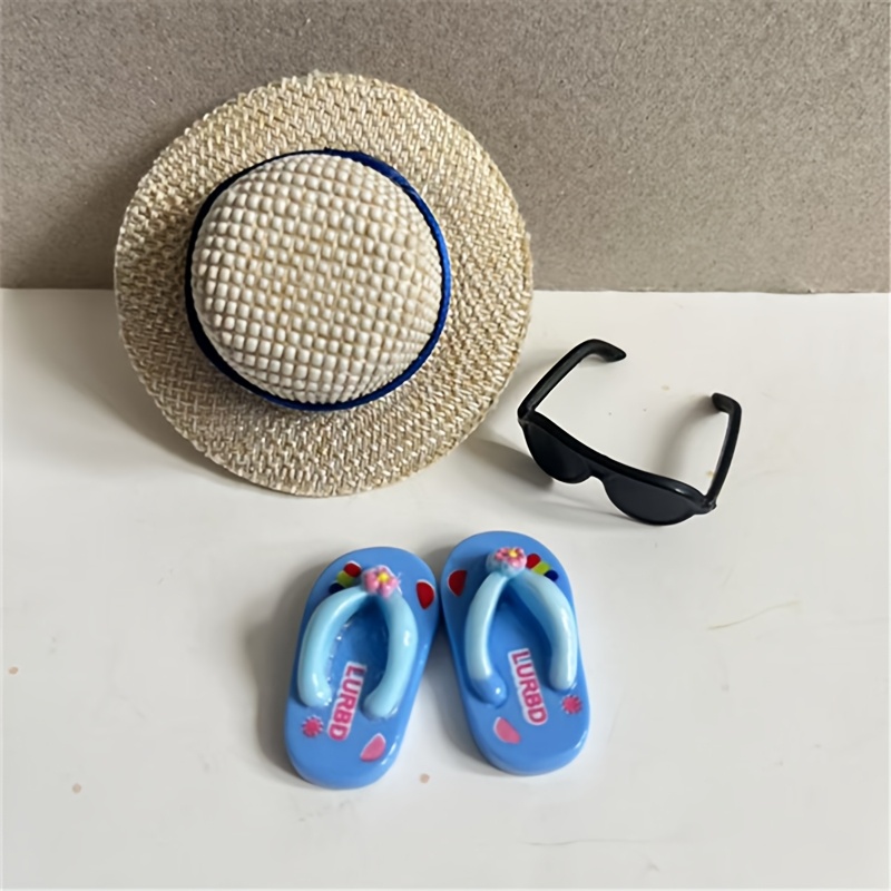Image of Miniature Dollhouse Hat Set, -piece Vacation-themed Set Including Realistic Mini Hats, Slippers, And Glasses For Seaside Scenes