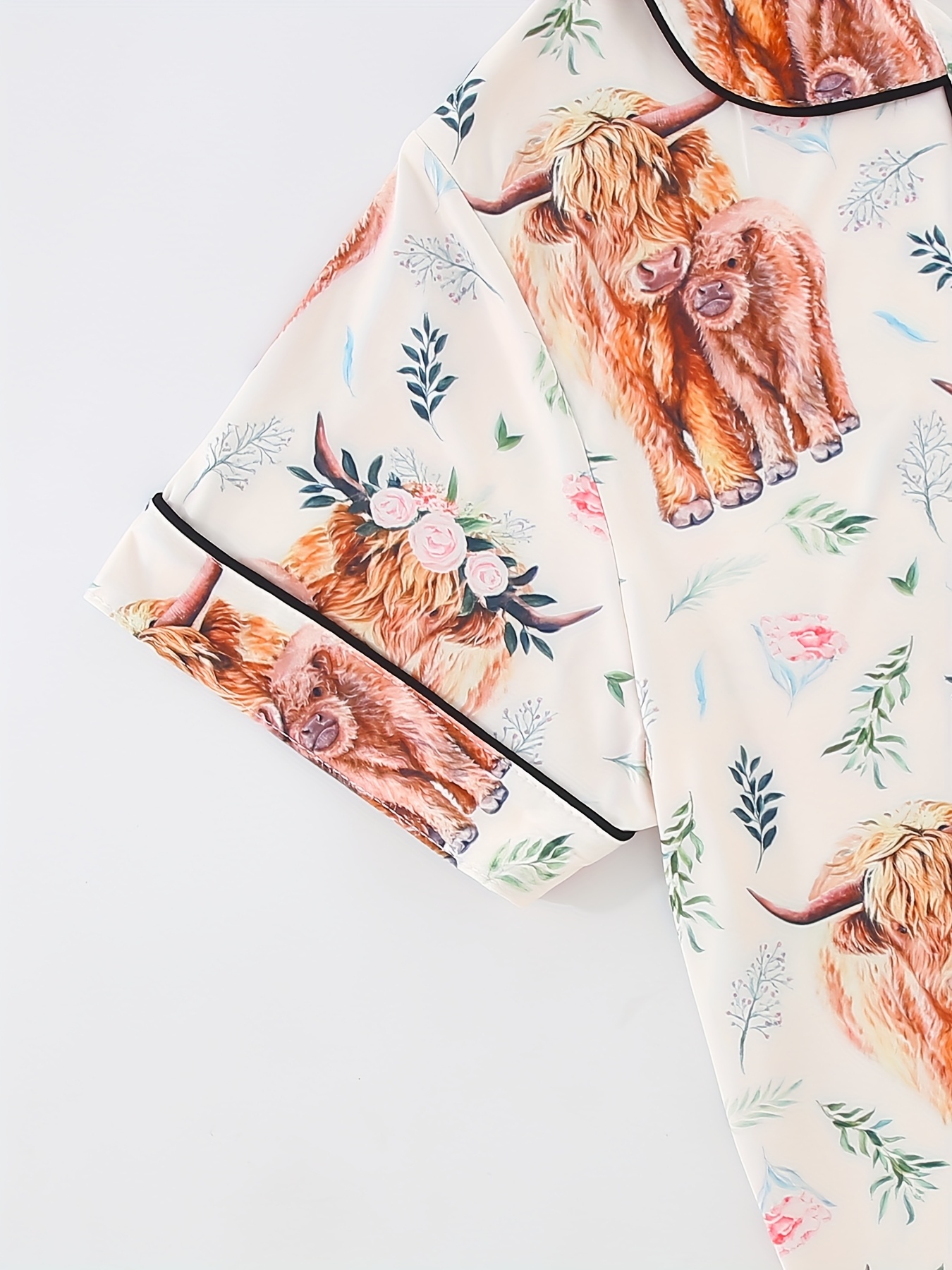 womens pajama set cute cartoon animal cow   casual lapel top with elastic waist shorts and long pants     wearable   and pocket details   adult sleepwear home outfit Product details 3