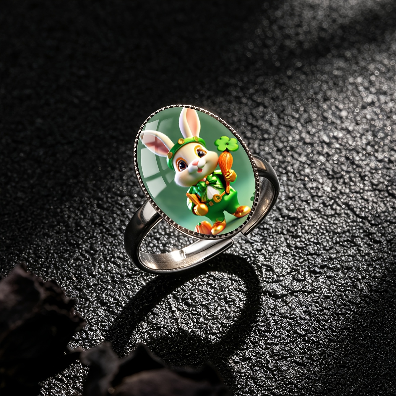 St. Patrick's Day Cartoon Rabbit Pattern Stainless Steel Open Ring