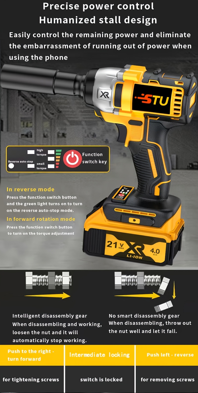 new wireless impact wrench with   of 3000 revolutions per minute and a   torque of 350     475n m   with a 4 0ah lithium   charger and carrying case suitable for automotive construction and home repairs details 5