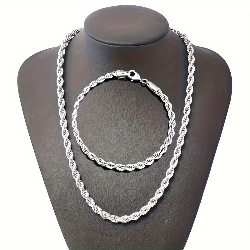 E-shop 2-teilig (Halskette + Armband) Silberplattiertes Twist-Ketten-Set. Accessoires für Damen und Herren