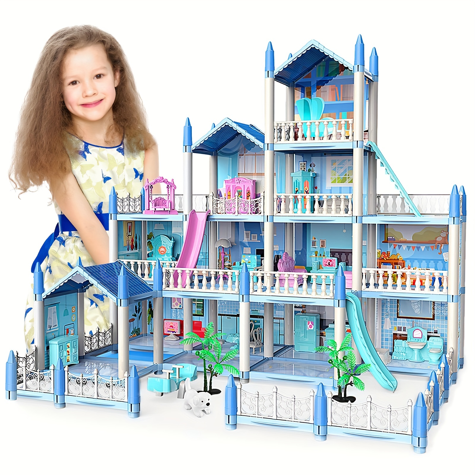 

Doll House For Girls, 14 Rooms Dollhouse With Dolls Figure, Puppies, Furnitures, Accessories, Led Light, Toddler Playhouse Gift For For 3-10 Year Old Girls Toys (blue)