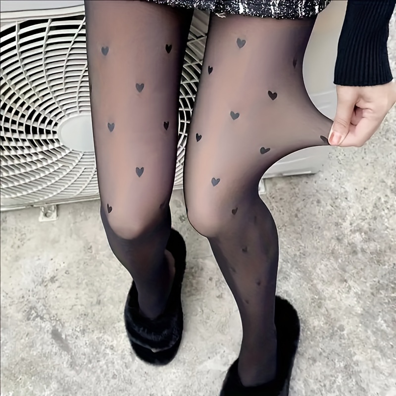 

1 Pair Of Elegant High-waist Black Translucent Tights With Chic Heart - Stretchy & Sheer Women's Pantyhose, Soft Polyester/spandex , Ideal For Sophisticated Outfits