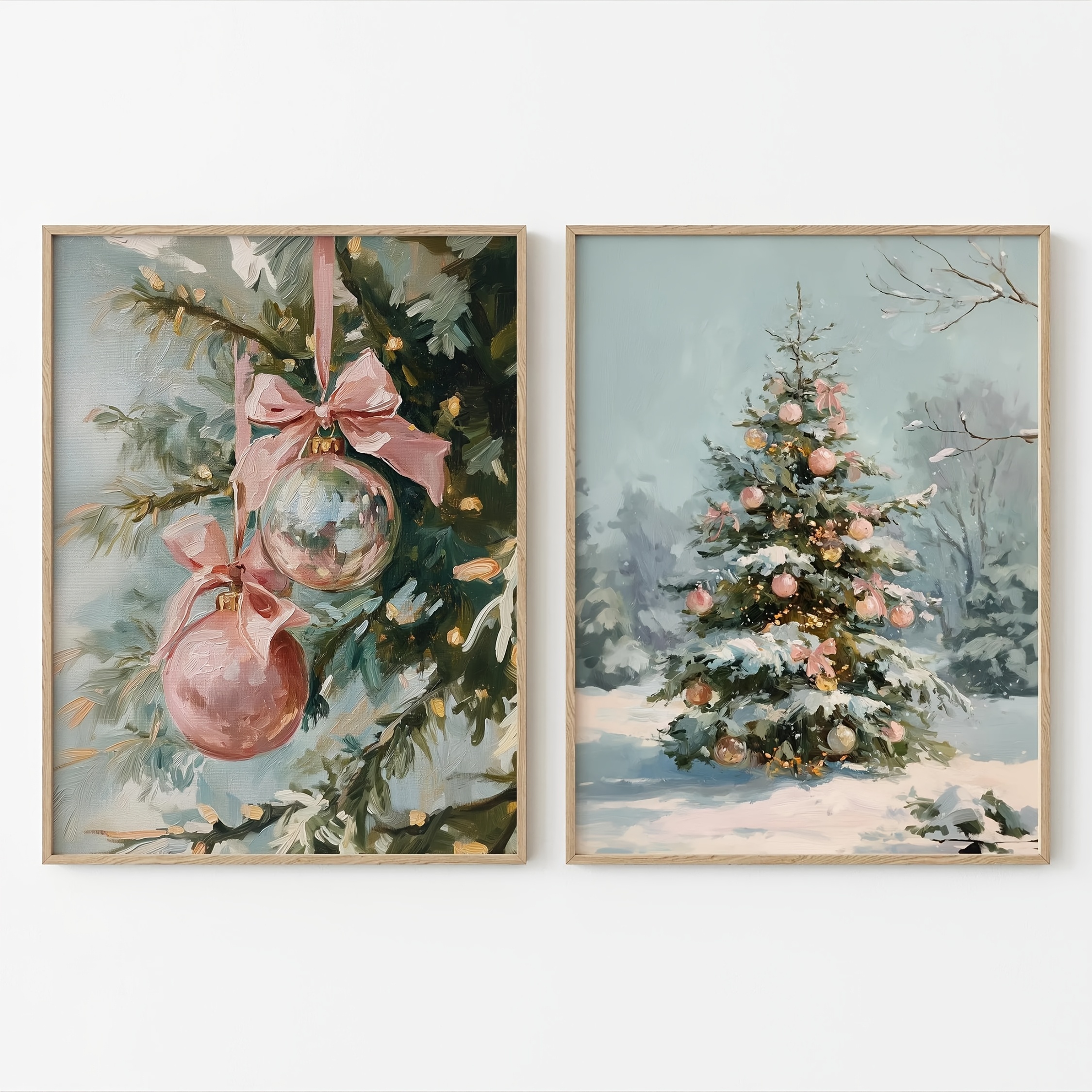 TEMU 2d Flat, 2d Flat, 2 Unframed Canvas Posters Featuring Vintage Art, A Pink Bow Christmas Tree Print, Decor, Wall Art Canvas Paintings For Bedroom