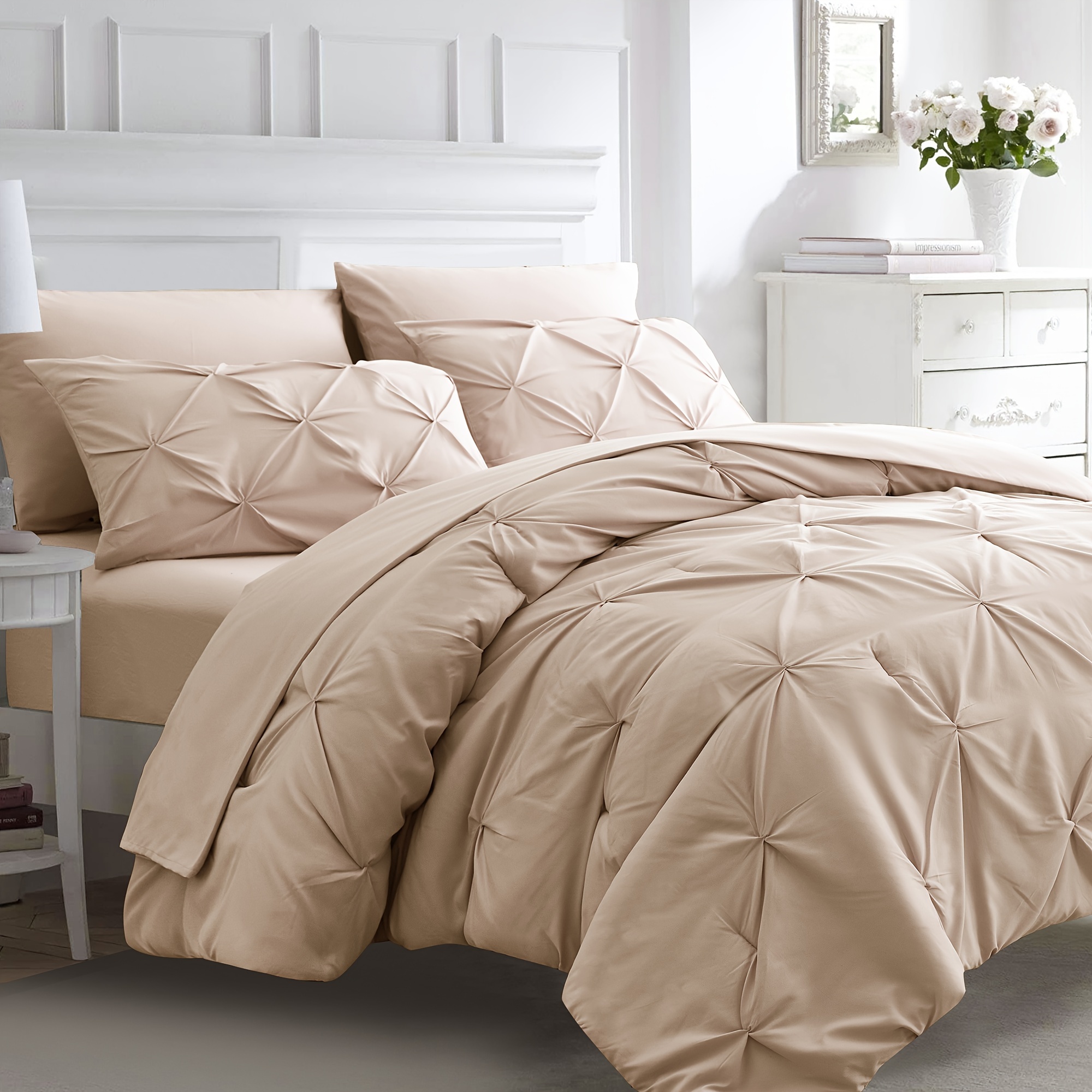 

Queen 7pc Beige Queen Comforter Set With Sheets, 7 Pieces Pintuck Bed In A Bag Ivory With Comforter And Sheets, Bedding Comforters & Sets Cream, Full Queen King