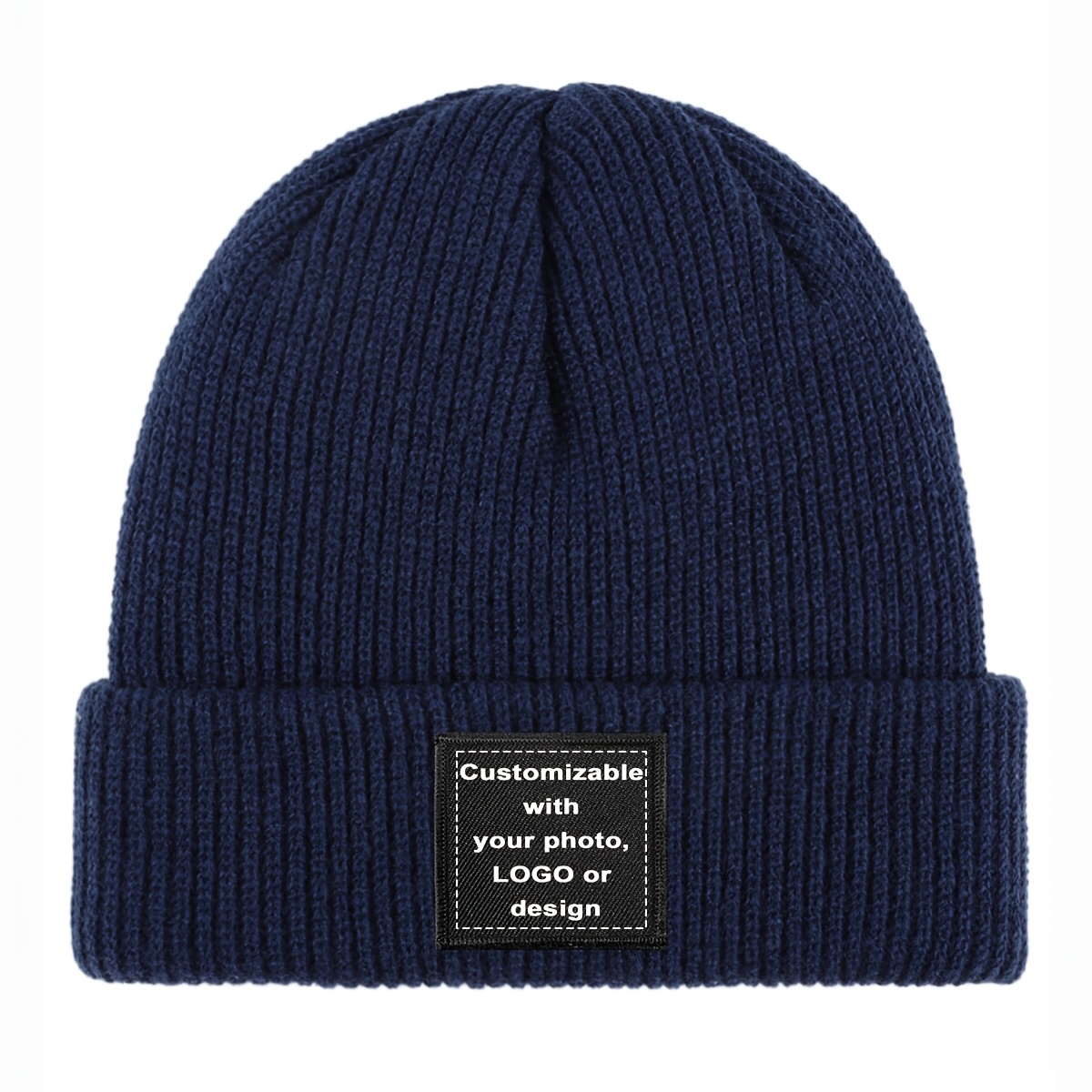 TEMU 1pc Men's Personalized Custom Photo/logo/text Winter Beanie Hat - Brimless Knit With Photo/logo/text Print On Black Square Block, Stretchy Soft