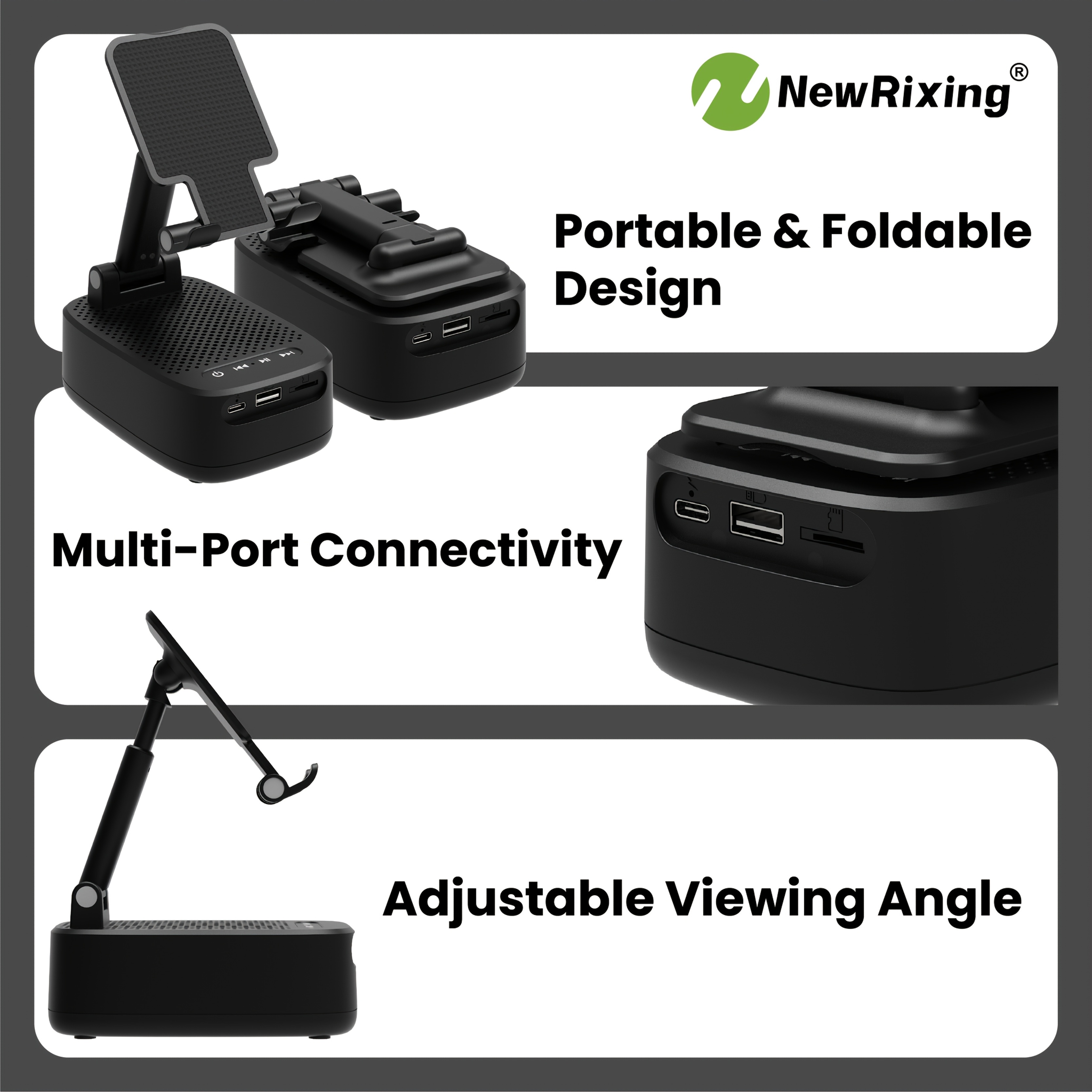 Alto-falantes sem fio NewRixing 6W com suporte para celular, emparelhamento  TWS, bateria de 3000mAh, uso de celular mãos-livres, power bank móvel, suporta reprodução BT, TF, USB, 7 horas de reprodução, qualidade de som Hi-Fi, estéreo alto e graves potentes, carregamento USB-C, para 9