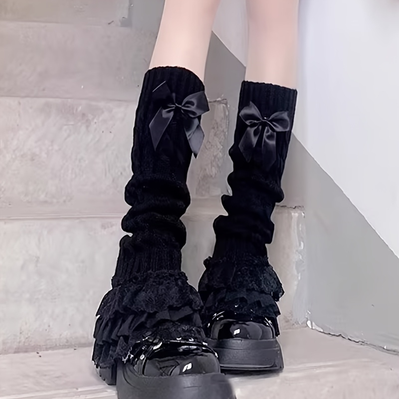 TEMU 1 Pair Youth Autumn Winter Warm Comfortable Knit Lace Trim Wide Leg Socks Teenager' Color Cute Bow Twist Cable Casual Shopping Matching